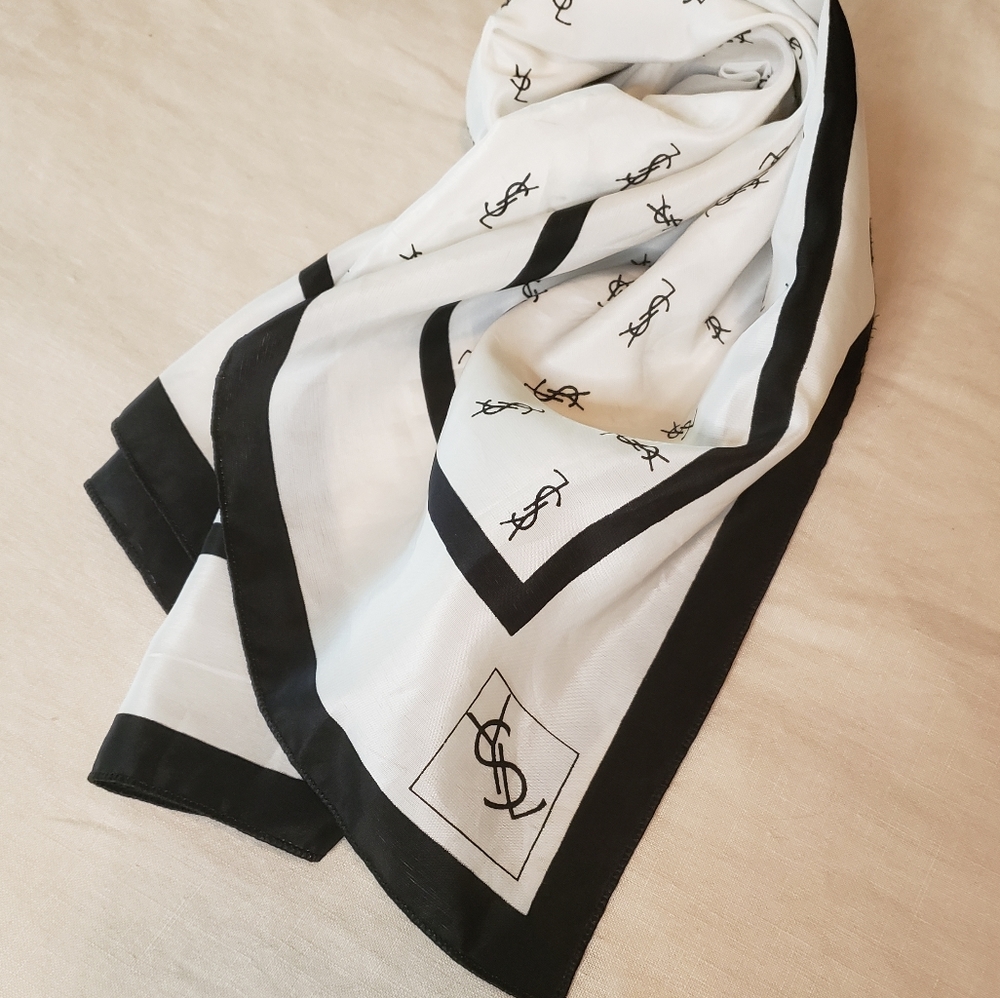 Yves Saint Laurent Black and White Monogram Scarf 30 x 30 - Picture 1 of 7